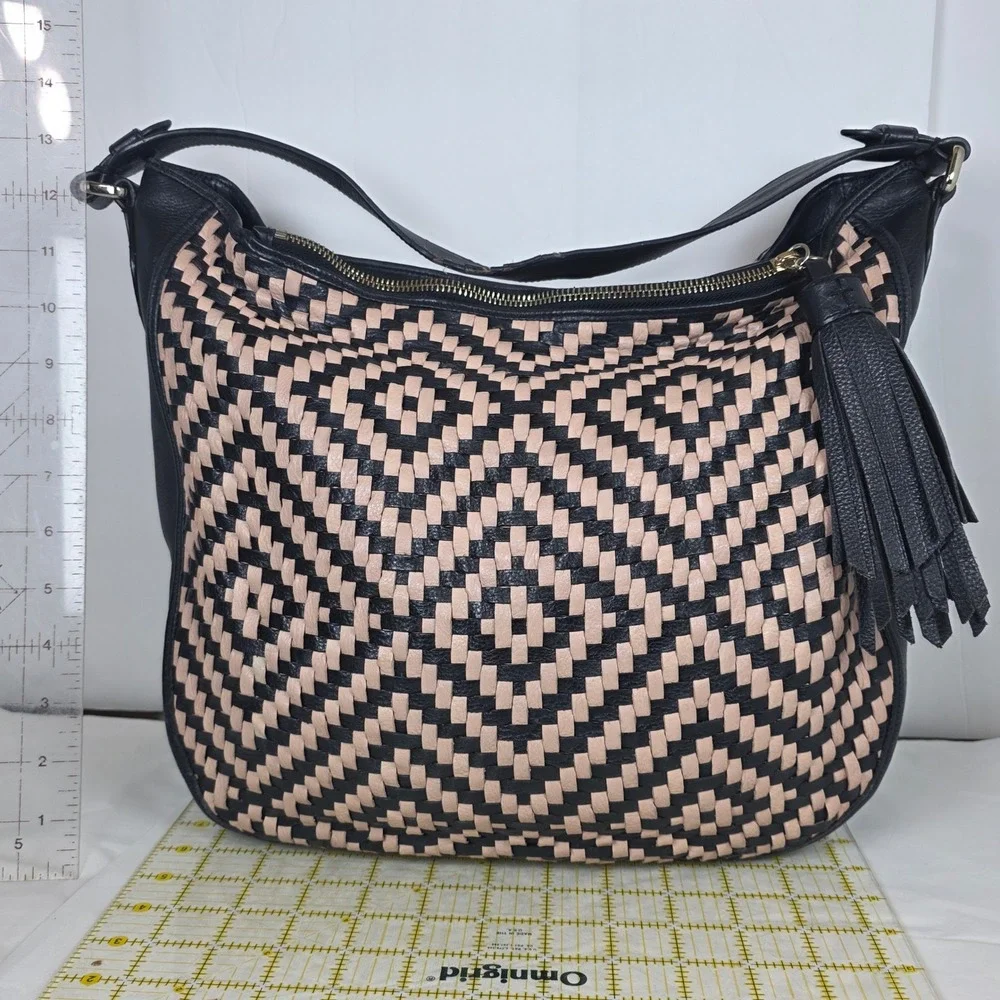 Cole Haan Black cream skylar Woven Leather hobo bag Hobo diamond Tassel